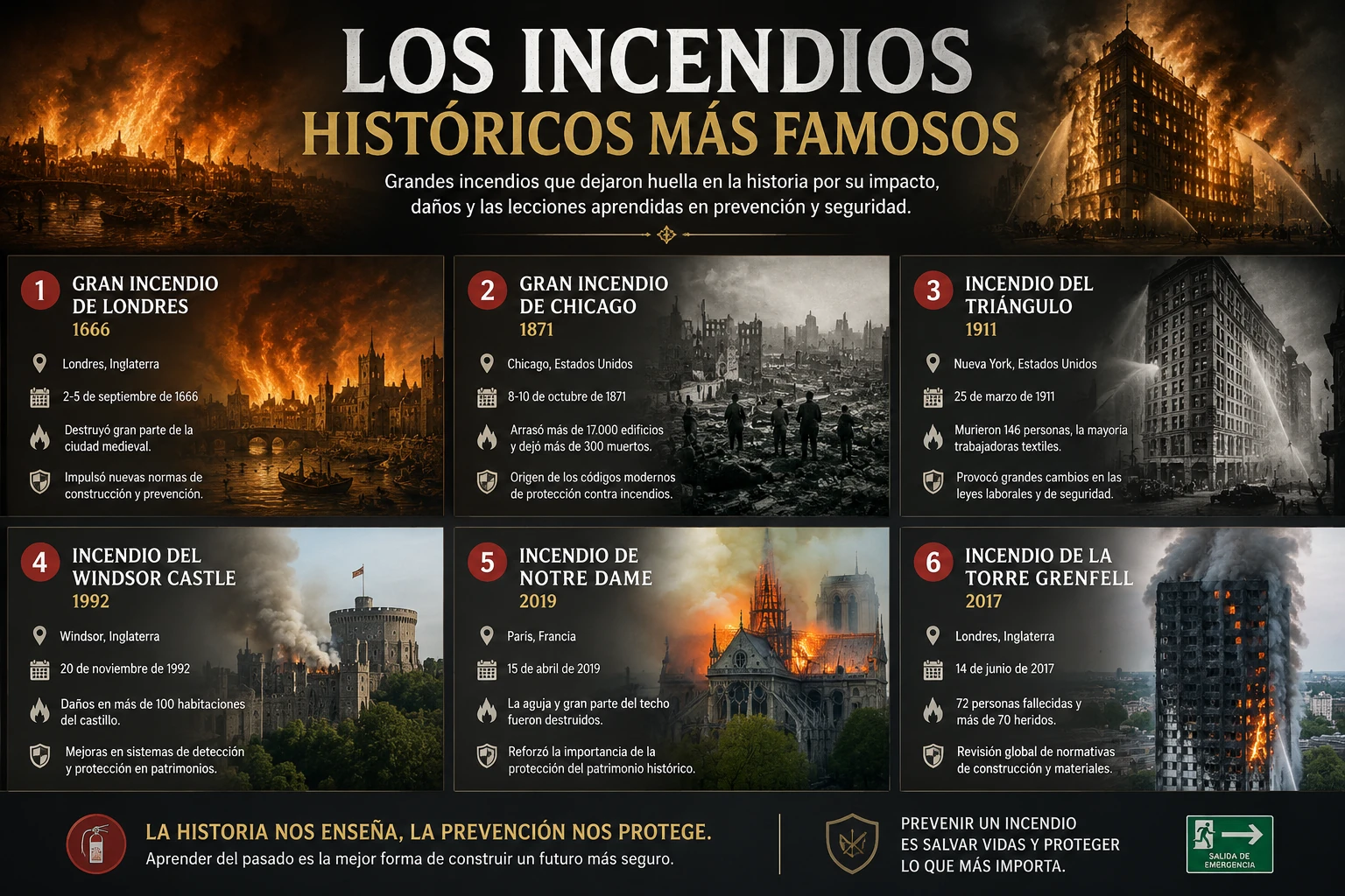 Infografía sobre los incendios históricos más famosos del mundo y su influencia en la evolución de la protección y prevención contra incendios.
