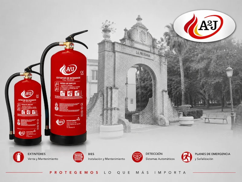Extintores A2J en Mairena del Aljarafe con servicios de mantenimiento e instalación de protección contra incendios en Sevilla.
