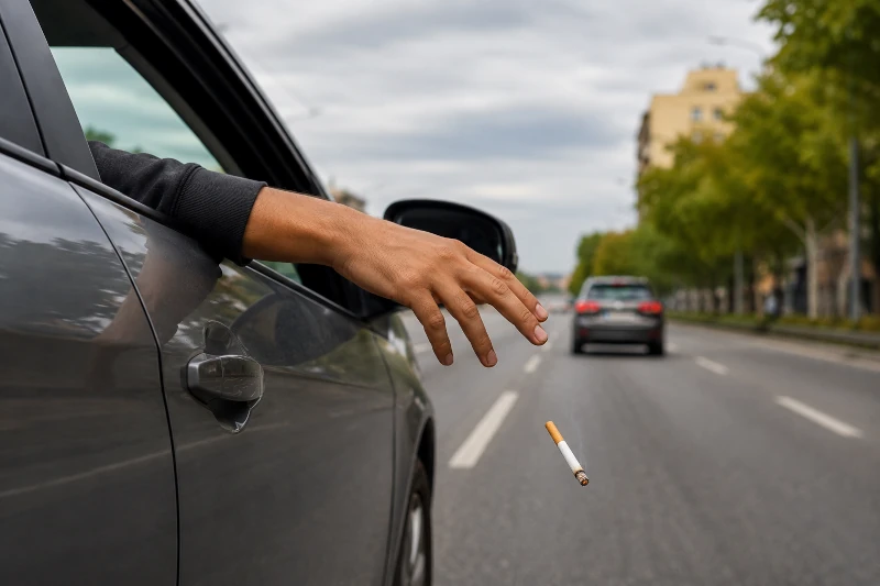 Mano sacando una colilla encendida por la ventana de un coche en marcha en una vía urbana con riesgo de incendio y contaminación