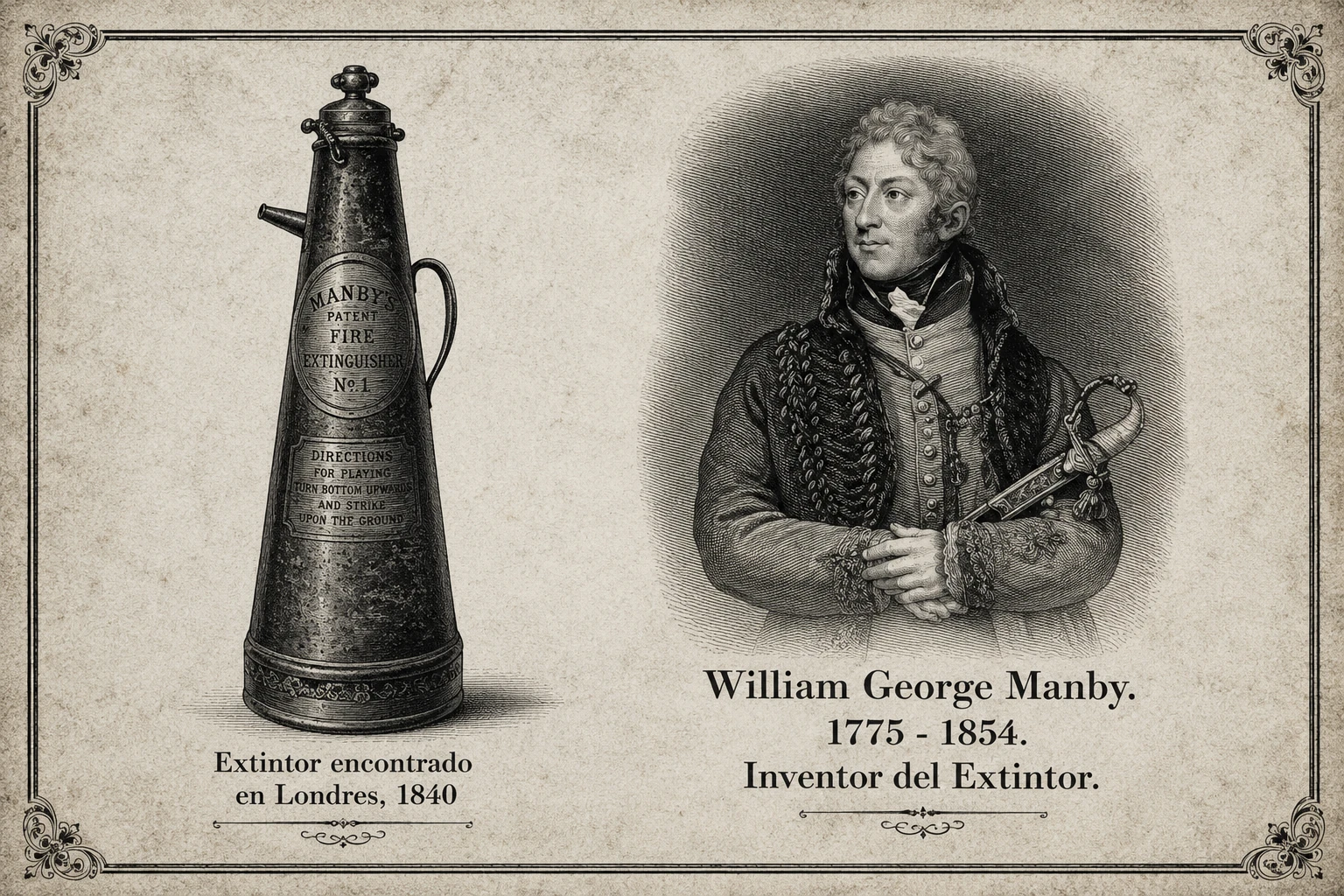Ilustración histórica de William George Manby junto a un antiguo extintor de incendios de Londres de 1840 sobre fondo vintage educativo.