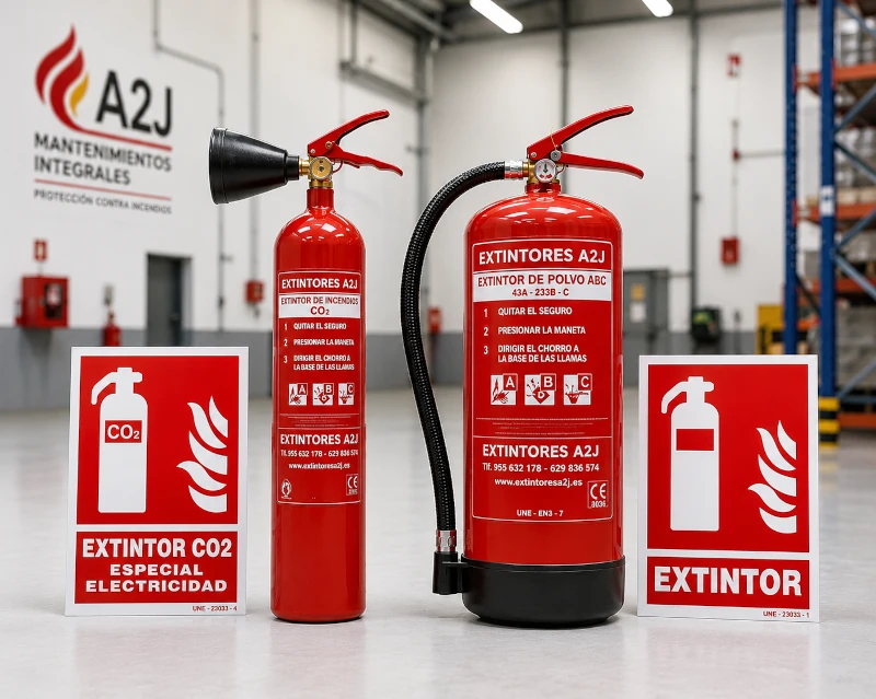 Extintores A2J de polvo ABC y CO2 con señalización contra incendios en una nave industrial de protección contra incendios en Sevilla.