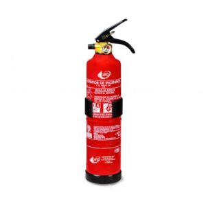 Extintor de 1 kg en color rojo, diseñado para uso en vehículos o en pequeñas incendios.