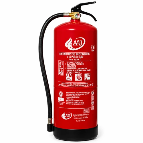 Extintor A2J de 9 kg polvo ABC homologado para protección contra incendios en Sevilla