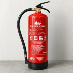 Extintor de polvo ABC de 6 kg marca A2J con eficacia 27A 183B C, homologado y preparado para protección contra incendios en empresas, garajes y comunidades.
