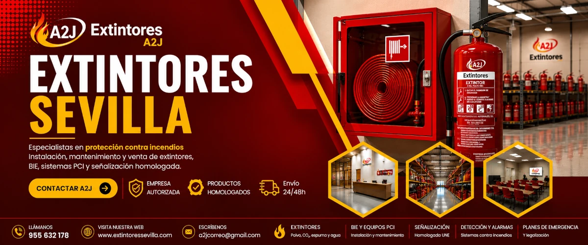 Banner corporativo de Extintores Sevilla A2J con extintor homologado, BIE, sistemas PCI y servicios de protección contra incendios en Sevilla.
