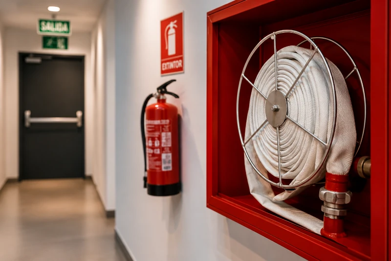 Boca de Incendio Equipada (BIE) instalada en un pasillo moderno con extintor señalizado y puerta de salida de emergencia con barra antipánico.