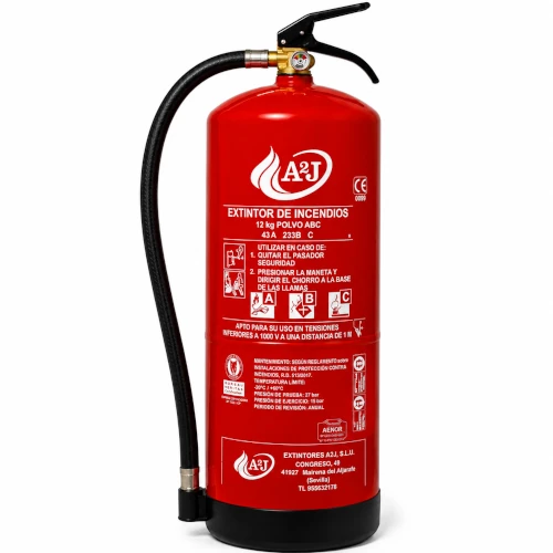 Extintor A2J de 12 kg polvo ABC homologado para protección contra incendios en Sevilla
