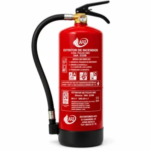 Extintor de incendios A2J de polvo ABC 6 kg con eficacia 34A 233B, manguera negra y diseño profesional sobre fondo blanco, ideal para protección contra incendios en negocios y viviendas.