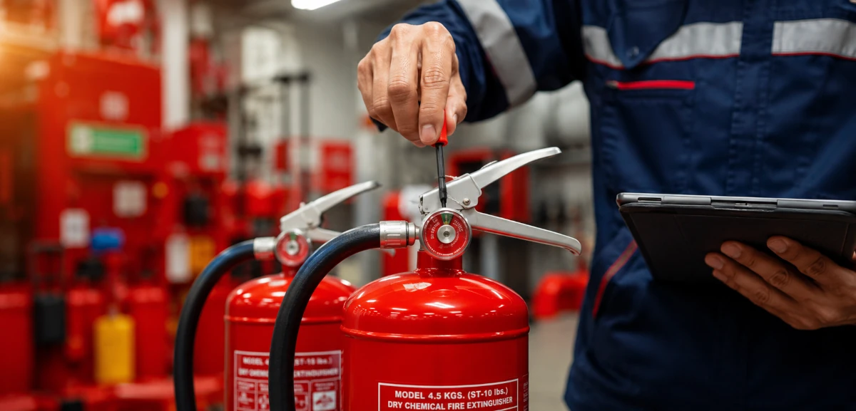 Mantenimiento de Extintores PCI en Sevilla | Revisión Profesional A2J Técnico realizando mantenimiento profesional de extintores contra incendios PCI con revisión de válvulas y control técnico en Sevilla.